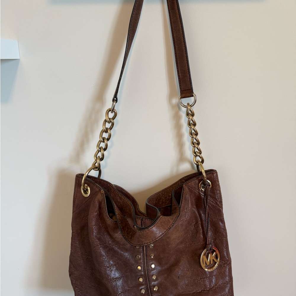 Michael Kors Dark Brown Shoulder Bag with Gold Accents
